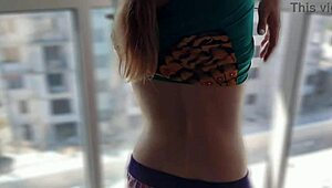 hey, this hairy 18+ teen strips sexy by the window, risky doggy fuck shows off her cute milky tits