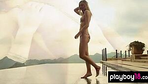 busty polish blonde amanda streich slowly undresses in lingerie revealing her shaved pussy and natural big tits