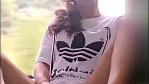 Cute horny coed fingers wet pussy on public train