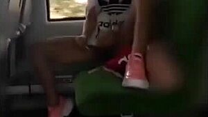 Cute horny coed fingers wet pussy on public train