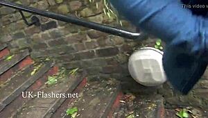 Sneaky voyeur Ashley Rider flashes perky tits while riding in public spots