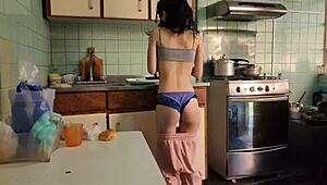 service worker gets bent over kitchen counter for quick employee fuck