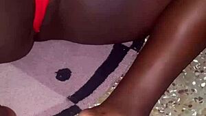 my red thong trimmed pussy tease in bedroom voyeur