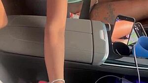Ebony strokes monster BBC in public car