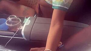Ebony strokes monster BBC in public car