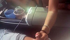 Ebony strokes monster BBC in public car