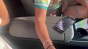 Ebony strokes monster BBC in public car