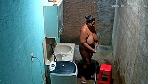 Hidden cam catches stepmom shaving pussy while stepson watches