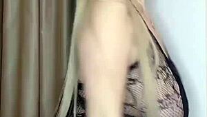 milf caresses curves in see-through outfit softly