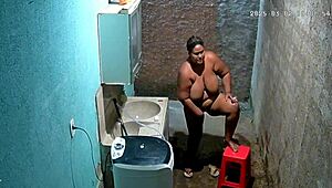 Hidden cam catches stepmom shaving pussy while stepson watches