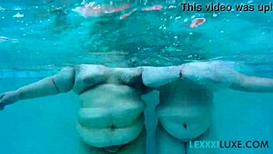 Busty BBW Lexxxi Luxe and Friend Dive Underwater for Pool Tit Play!