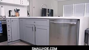 Tiny brunette teen Freya von Doom gets family fucked by stepdad's monster cock