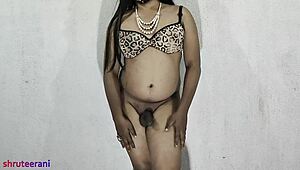 Indian shemale crossdresses in animal print lingerie solo