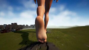 Goddess giantess with huge feet rampages city in 3d game domination—wanna survive?