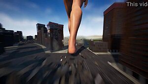 Goddess giantess with huge feet rampages city in 3d game domination—wanna survive?