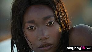 Smoking hot ebony teen Mimi Desuka strips natural tits pussy on rooftop then unwinds.