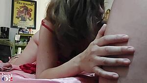 French Amateur Deepthroats Rimjobs in Red Satin Panties Thigh Dress High Heels Doggystyle