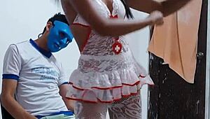 the 22 year old guy stares as this horny latina milf dances like a total whore