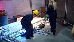 Two Shaved Milfs in Fishnets Heels Stockings Bent Over Doggystyle Threesome Pussy Pounding