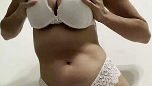 hot wife in white lingerie plays with her big dildo toy