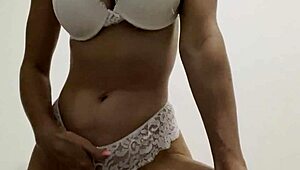 hot wife in white lingerie plays with her big dildo toy