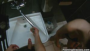 Fucking Glasses-Wearing Teen in Public Restroom Leads to Explosive Orgasm and Blowjob Cumshot