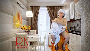 Cinderella skips panties while sewing for stepfamily duties