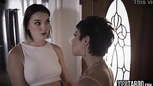 Curvy big tits BBW milf seduces neighbor's young teen for hairy lesbian tribbing fun