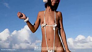 hairy pussy flashes under micro bikini during public christmas twerk dance