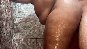 ebony big ass takes young cock deep in steamy bath cumshot finish