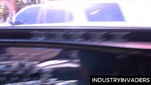 Roxy aggressively sucks big cock deep in limo backseat