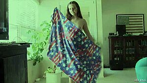 Skinny teen pornstar strips and teases ripping clothes on 4th of July!