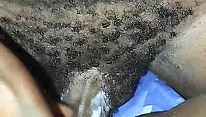 your hairy ebony pussy creaming all over boyfriend's cock in missionary