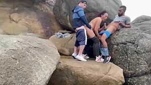 Married Latina Fucked Hard By Two On Beach