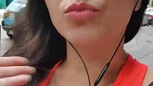 Latina walks outdoors with no panties flashing her natural tits and pussy