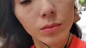 Latina walks outdoors with no panties flashing her natural tits and pussy