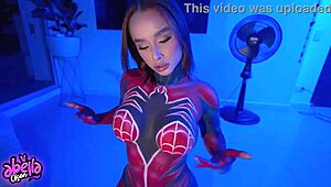 whoa, hot spiderwoman rides fan's cock till he explodes inside