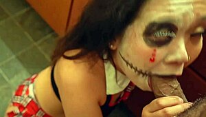 curvy asian in halloween cosplay rides monster cock to huge facial finish