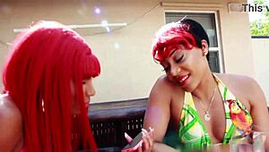 Ebony redhead sluts deepthroat big black cocks in wild threesome orgy