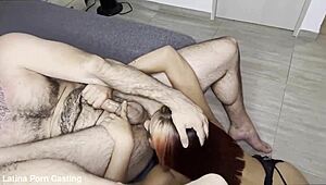 the teen latina kneels to lick ass then sucks cock deep
