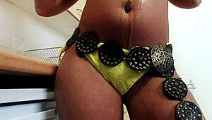 robyn truelove oils her shaved pussy and tits before monster cock ride