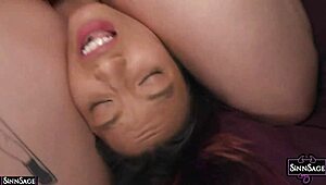 Sinn Sage wrestles Asia Perez rips her underwear then scissor fucks her wet pussy