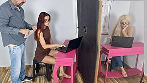 he sneaks behind wife's back fucking skinny redhead secretary in office skirt