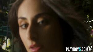 Arab milf Leighla Habib strips petite body outdoors for Playboy