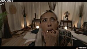 that squirting whore hands over total control to the creepy dude wielding her voodoo fuck doll, fingering herself wildly