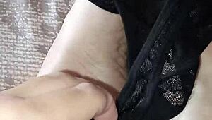 gretala rubs her thong all over those sexy ebony bare feet teasing