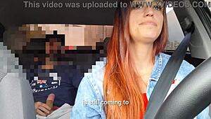 motorista de app catches passenger jerking off behind her flashes tits and fucks him raw in the car creampie finish