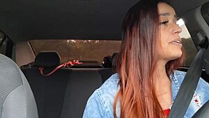 motorista de app catches passenger jerking off behind her flashes tits and fucks him raw in the car creampie finish