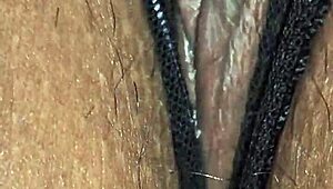 latina wife's hairy pussy lips drip cum through black panties 💦