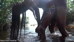 skinny african teen bathes unaware as village cock surprises her outdoors